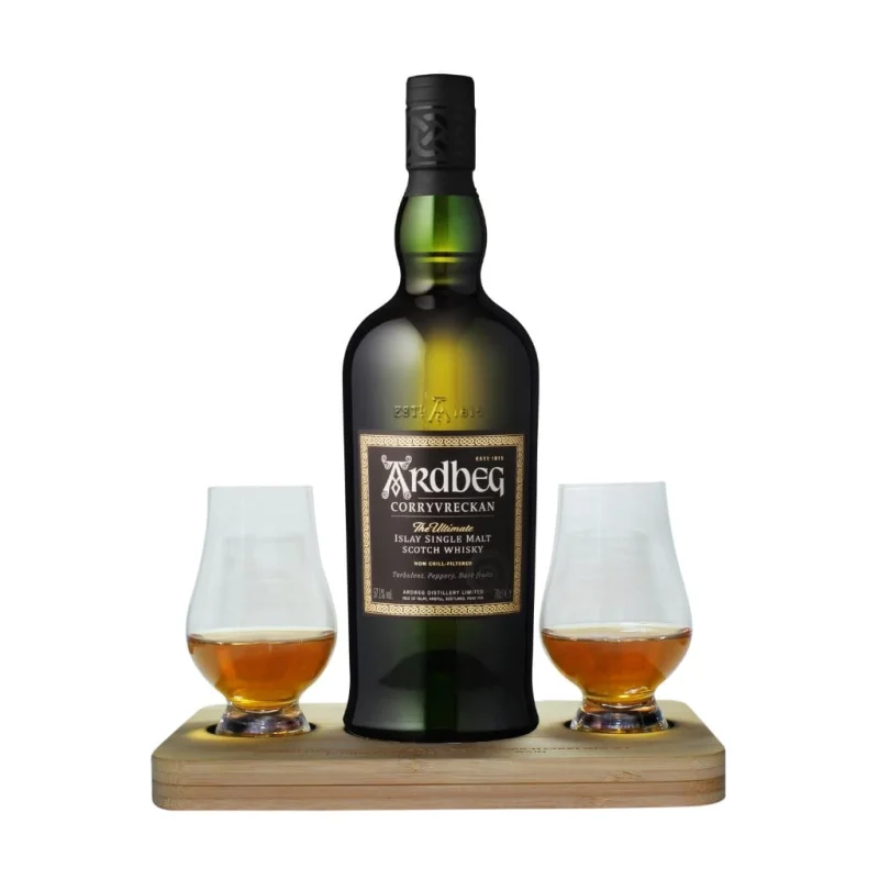 Ardbeg Corryvreckan Islay Single Malt Whisky includes Wooden Presentation Stand plus 2 Original Glencairn Whisky Glasses