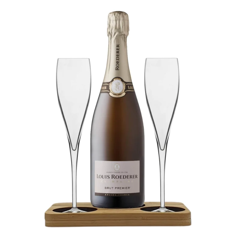 Louis Roederer Champagne Gift Hamper- Includes 2 Fine Crystal Champagne Flutes and Wooden Presentation Stand