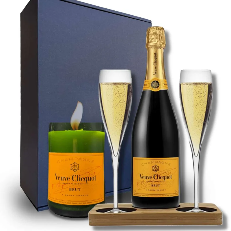 Veuve Clicquot Champagne and Candle Hamper Gift Box – Includes 2 Fine Crystal Champagne Flutes and Wooden Presentation Stand