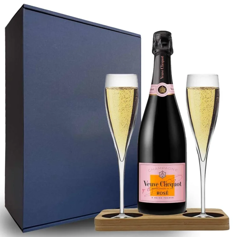 Veuve Clicquot Rose Gift Hamper – Includes 2 Fine Crystal Champagne Flutes and Wooden Presentation Stand