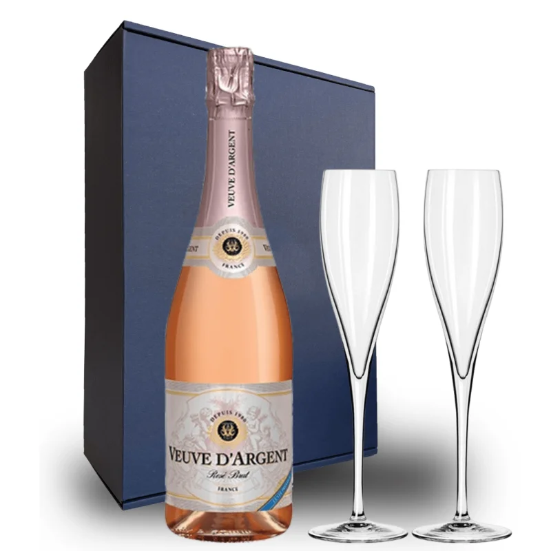 Veuve D’Argent Cuvee Prestige Rose Brut – Includes 2 Champagne Flutes and Gift Boxed