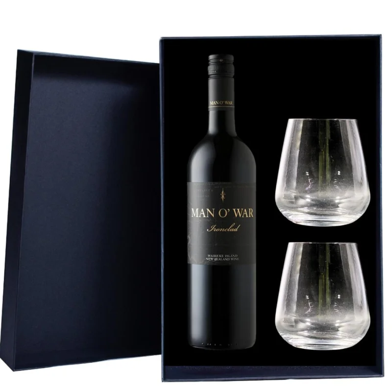 Man O’War Ironclad Bordeaux Blend Gift Hamper – Includes 2 Premium Wine Glasses