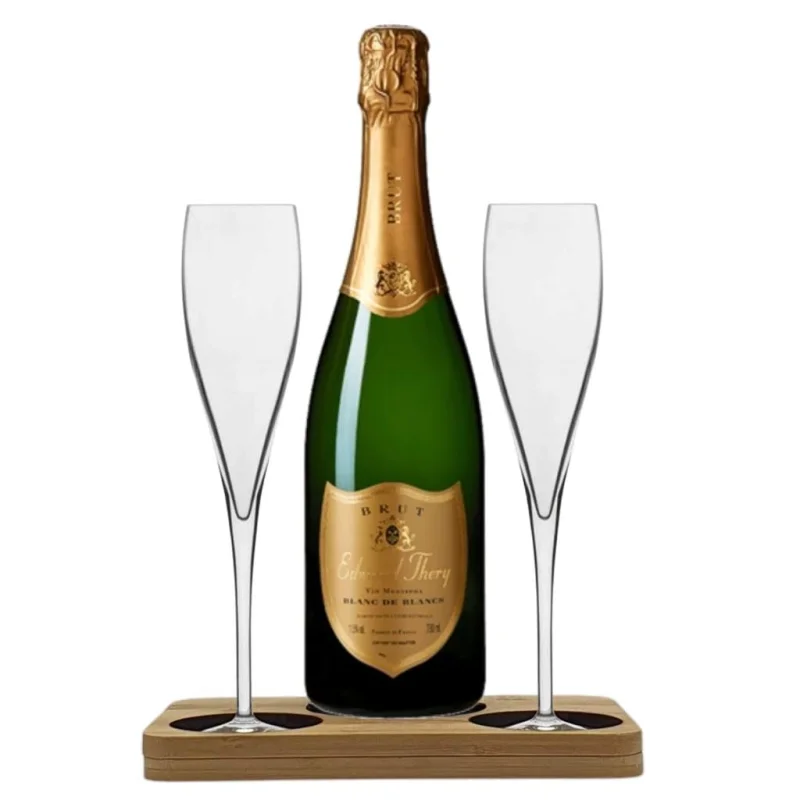 Personalised Edmond Thery Blanc de Blanc Gift Hamper – Includes 2 Crystal Champagne Flutes includes Wooden Stand